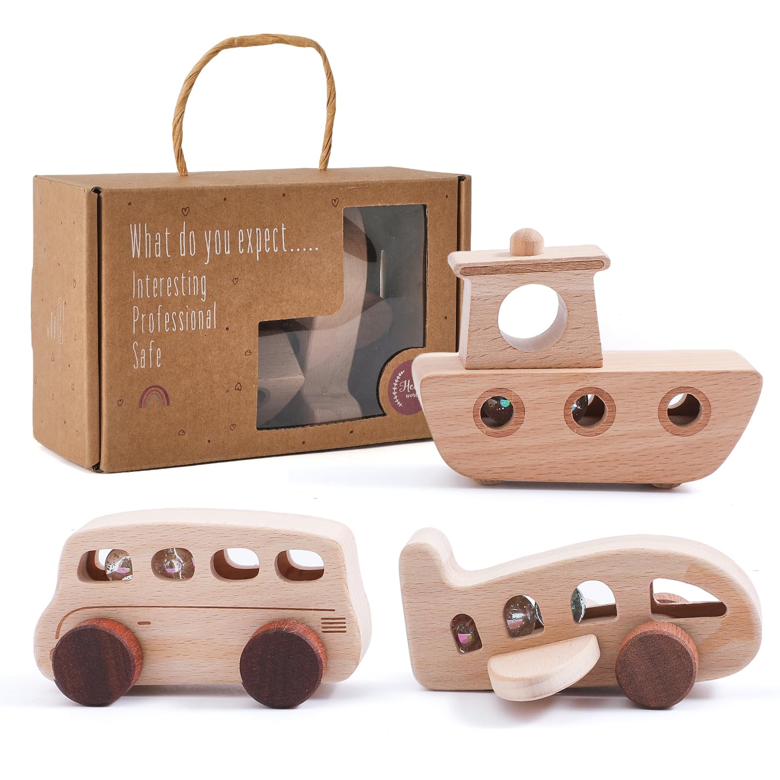 WOODEN TEETHER wooden cars bus with safe rolling beads for imaginative play