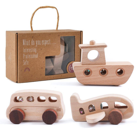 WOODEN TEETHER wooden cars bus with safe rolling beads for imaginative play