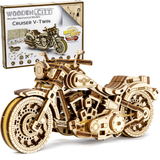 WOODEN.CITY Cruiser VTwin puzzle front view for tabletop display and focused building