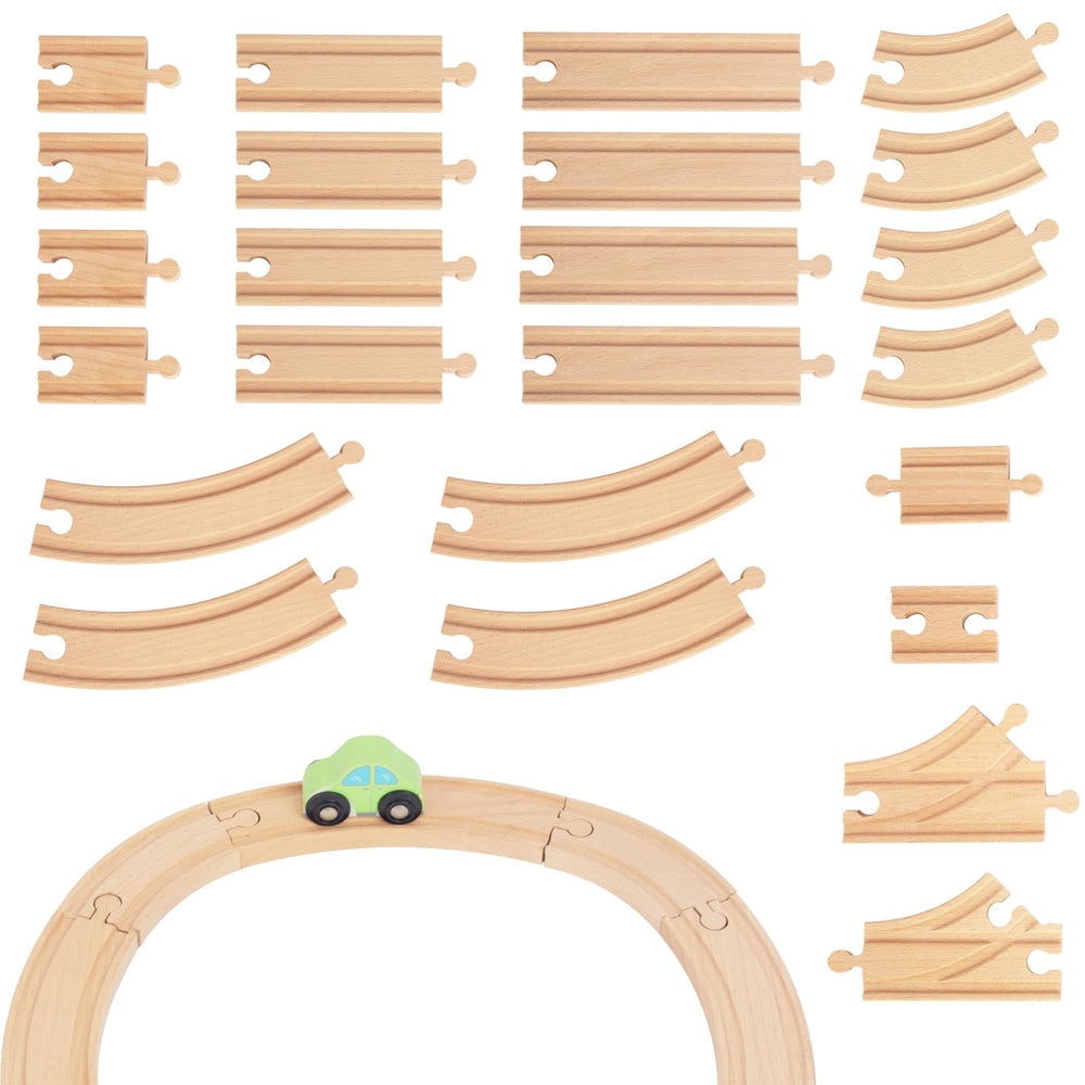 WoodenEdu 24-piece train track set showcases premium beech wood for durable play.