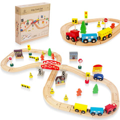 WoodenEdu 60Pcs Train Set assembled layout with bridge for imaginative play.