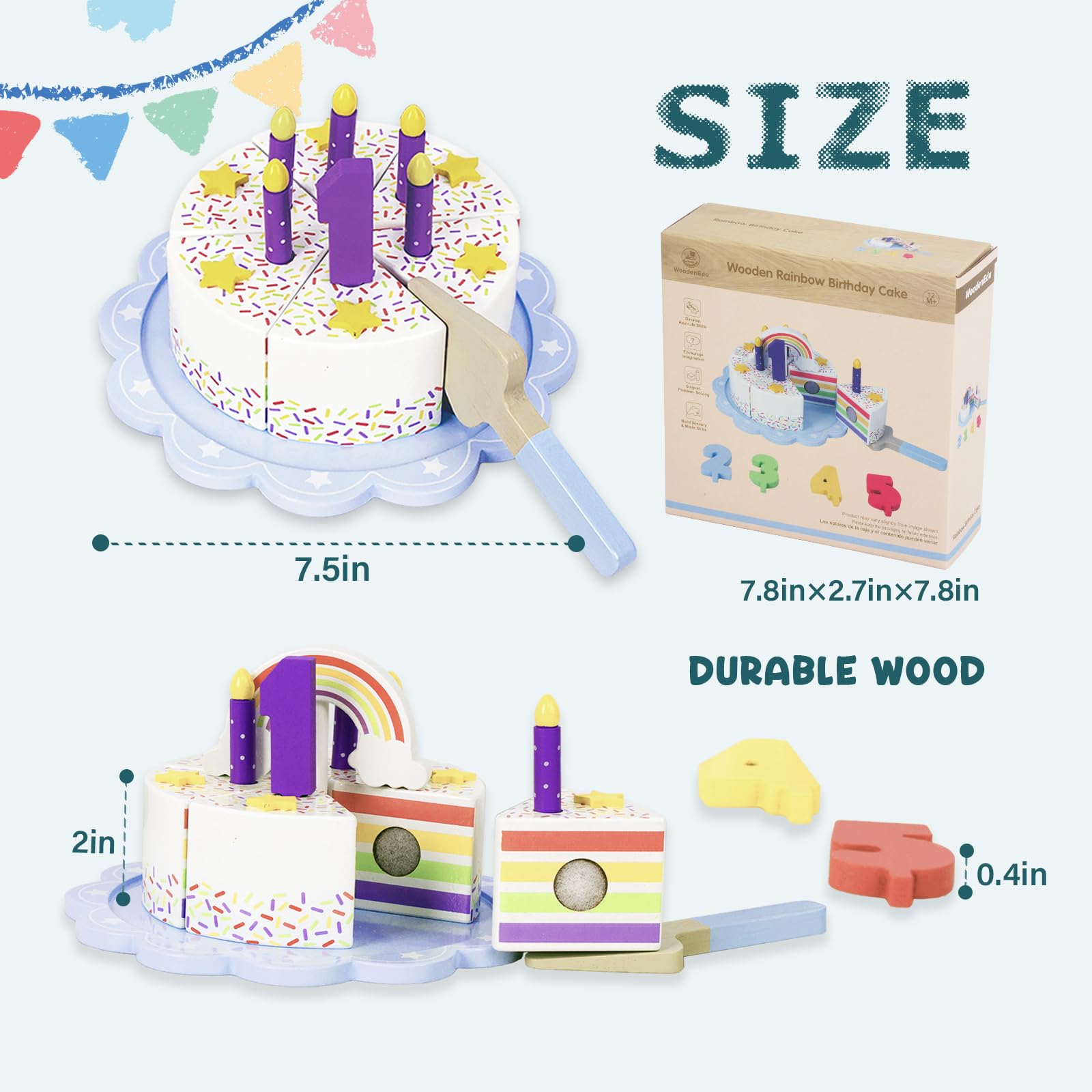WoodenEdu cake tray and knife support fine motor skills during pretend cooking.