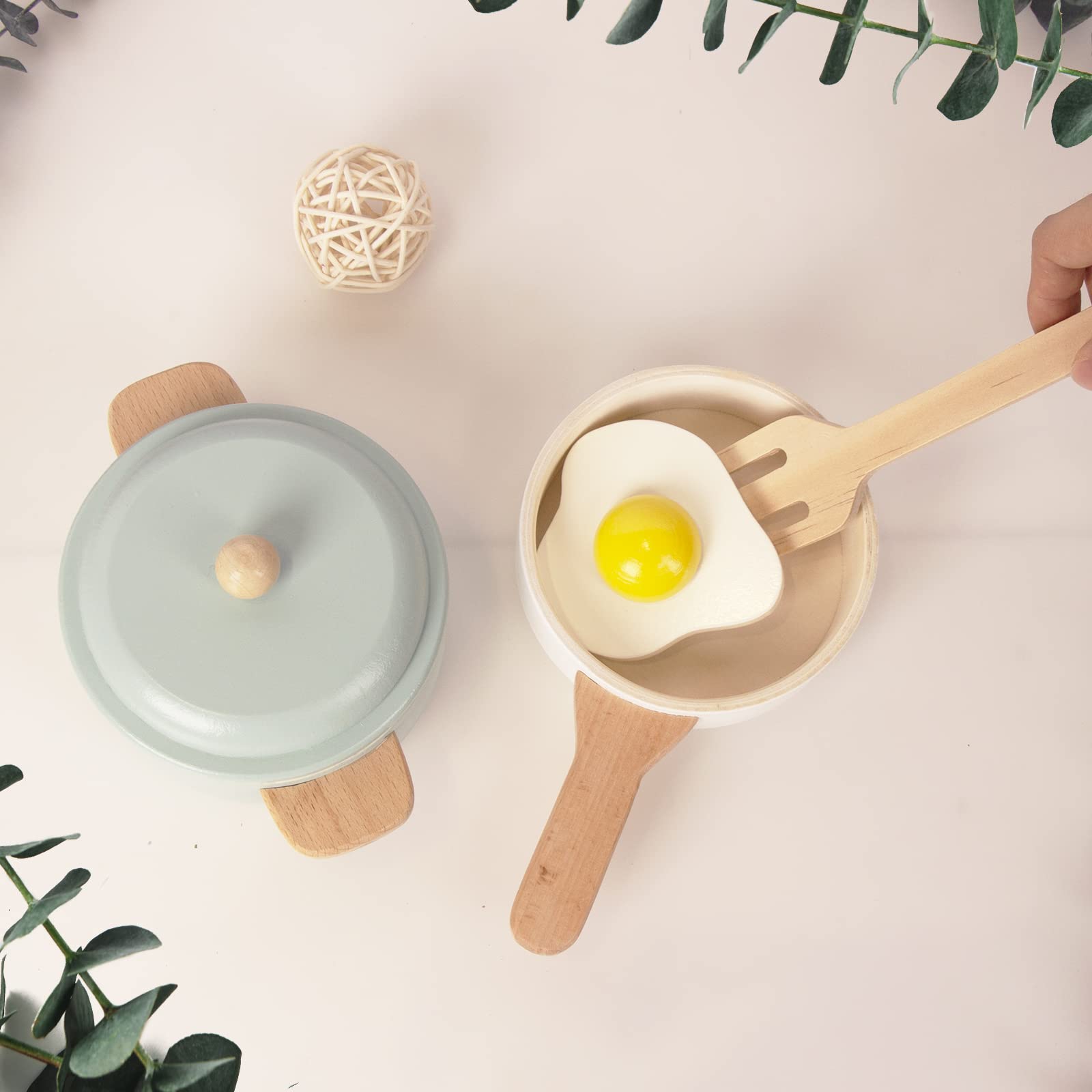 WoodenEdu close-up of realistic cookware details for immersive pretend play.