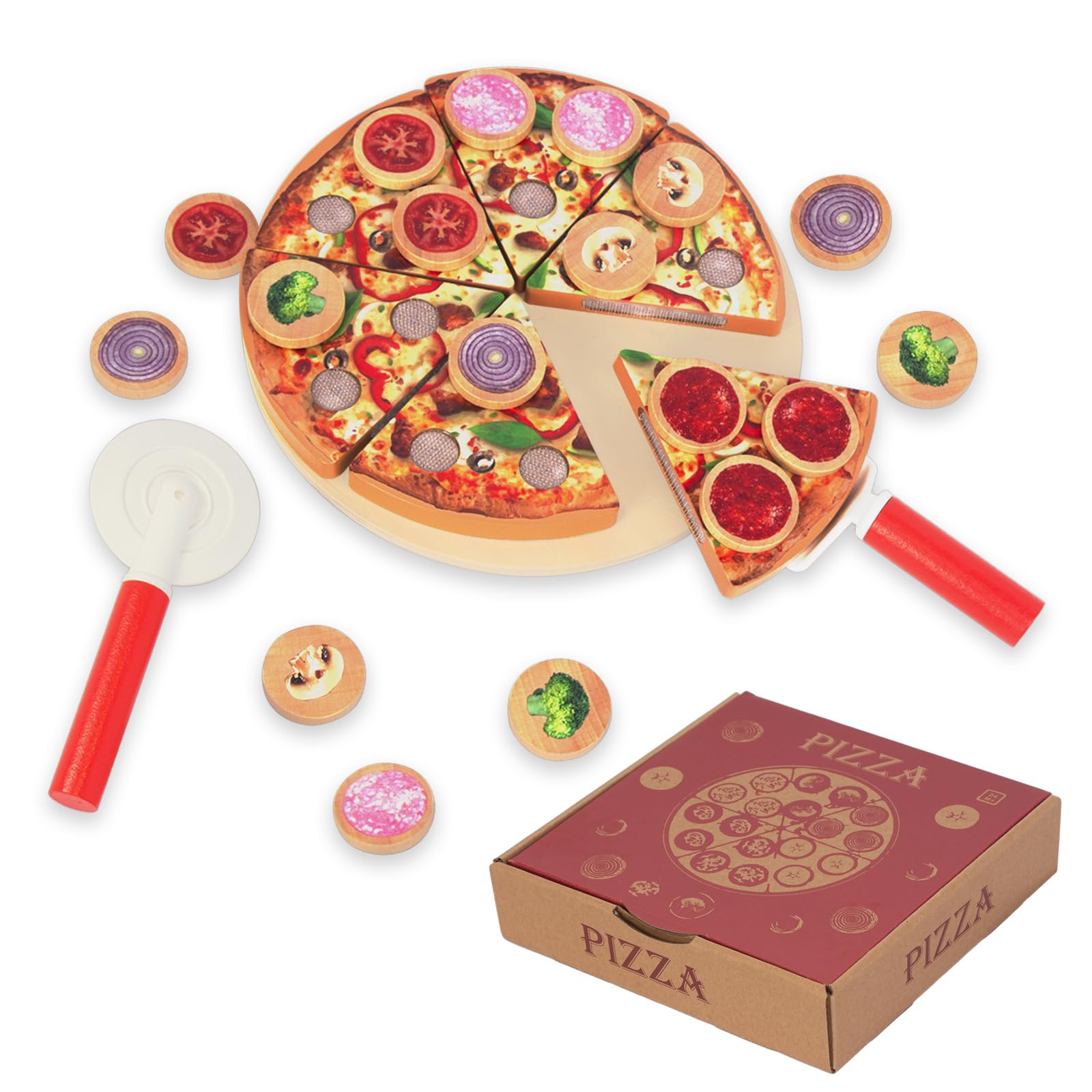 WoodenEdu cutting play food pizza slices for imaginative cooking
