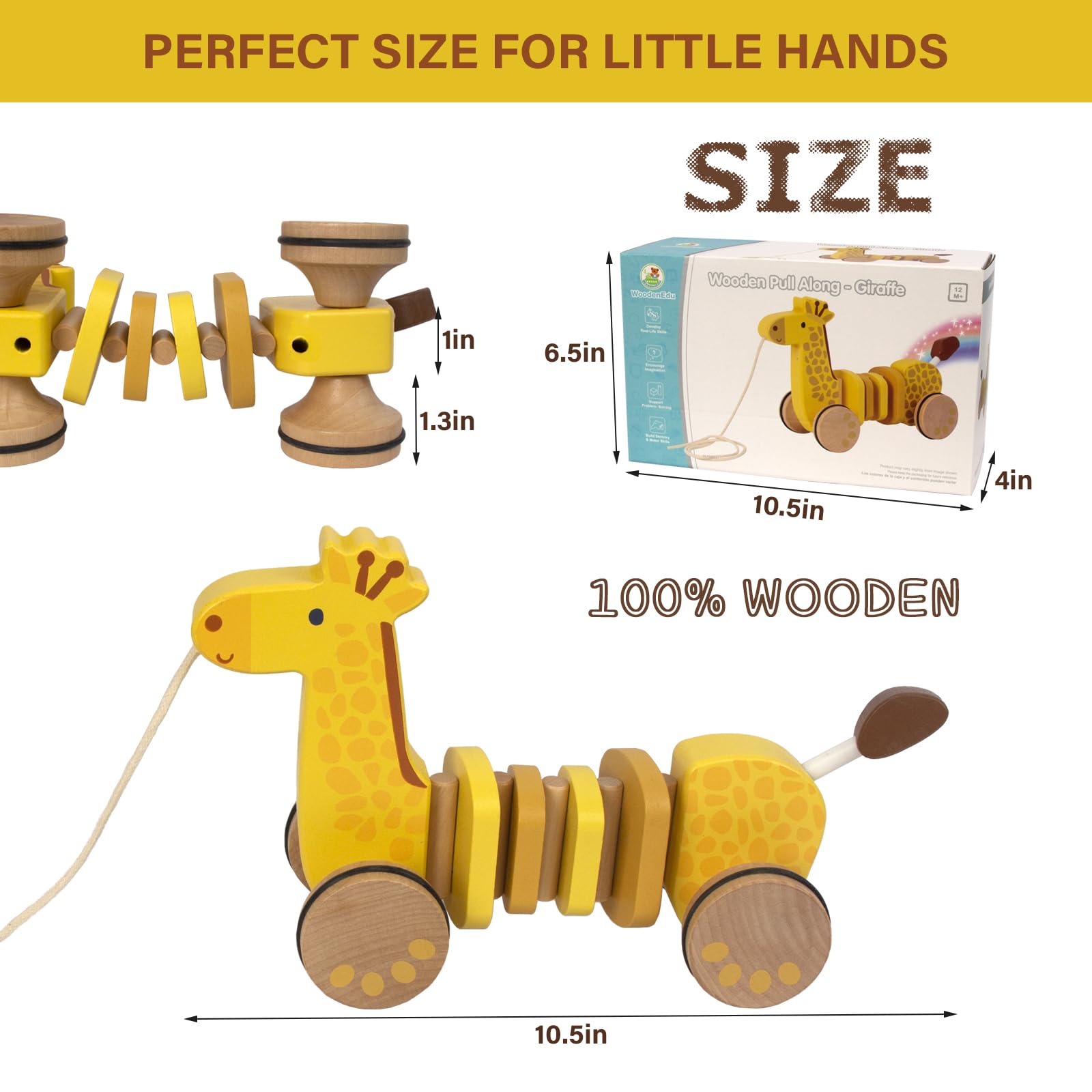 WoodenEdu giraffe pull toy, close-up, showcasing natural wood finish for safe handling.