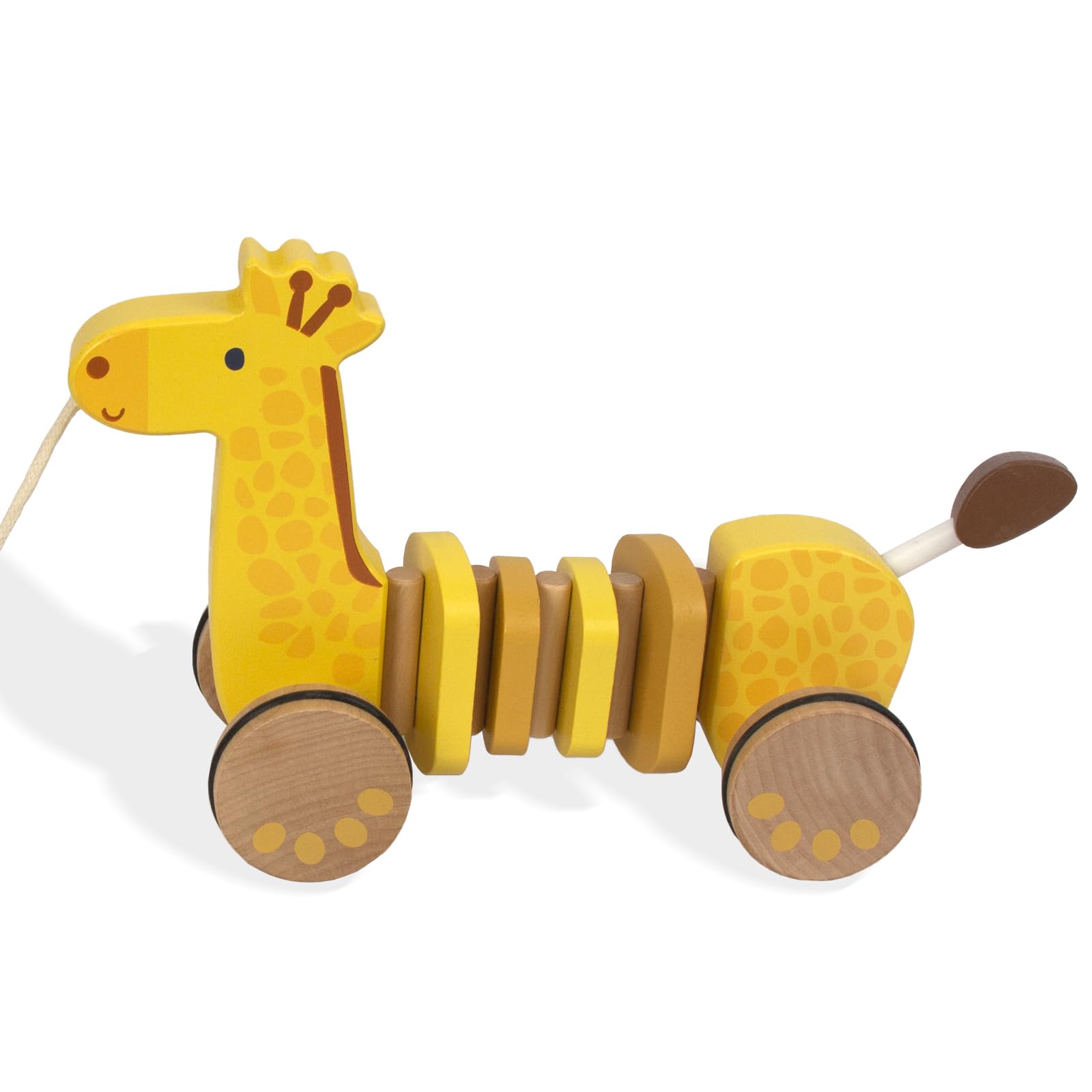 WoodenEdu giraffe pull toy, front view, supports early walking and crawl practice.