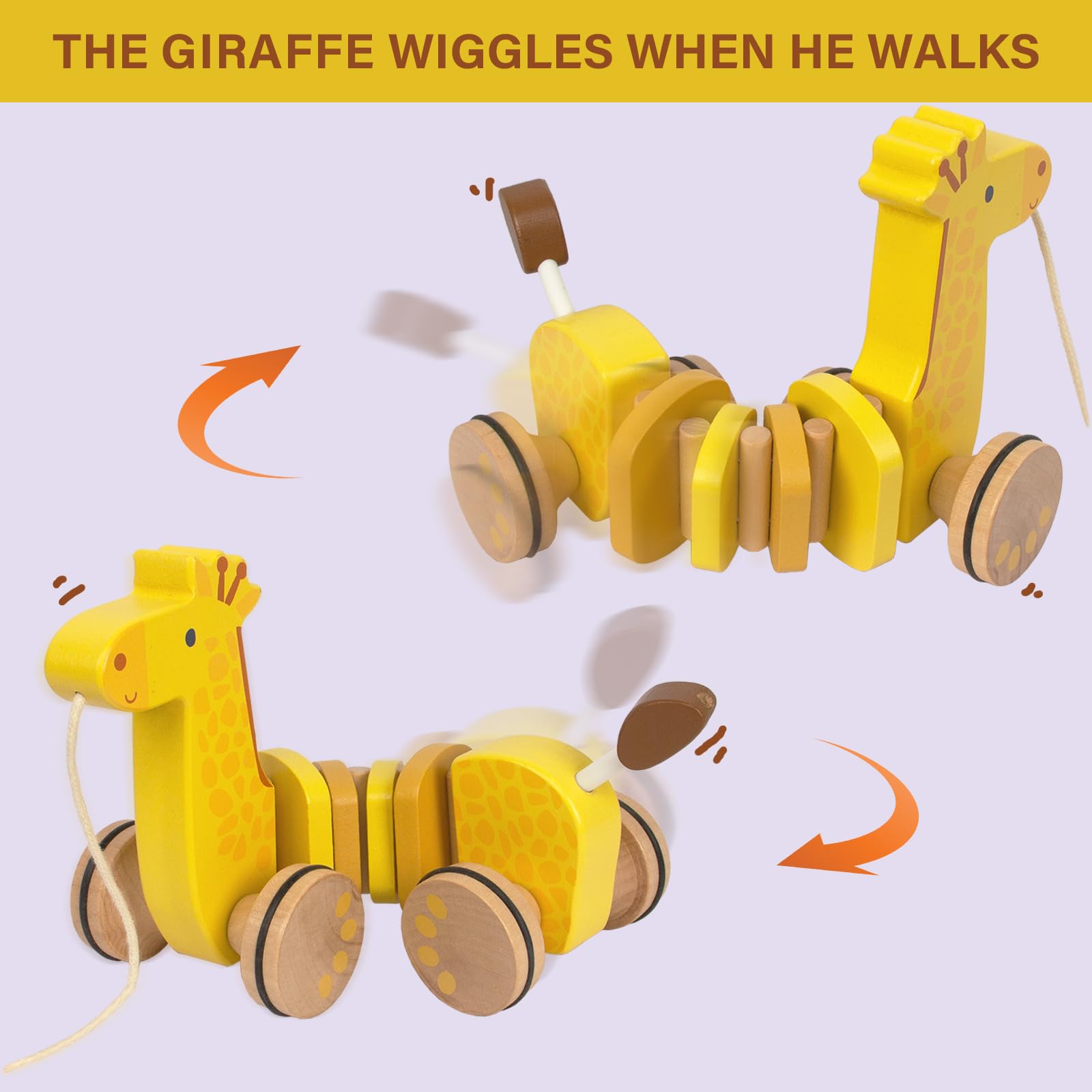 WoodenEdu giraffe pull toy, rear view, encourages confident walking.