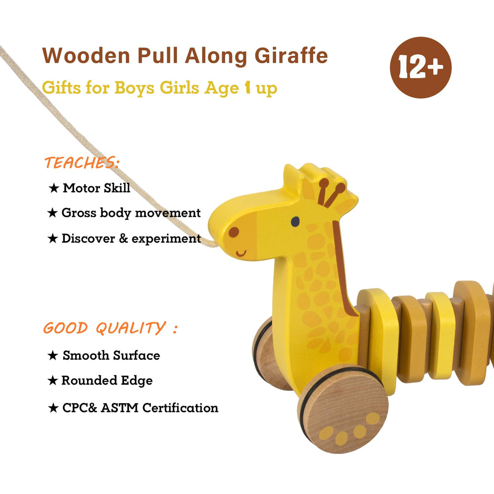 WoodenEdu giraffe pull toy, side view, FSC-certified wood for safe play.
