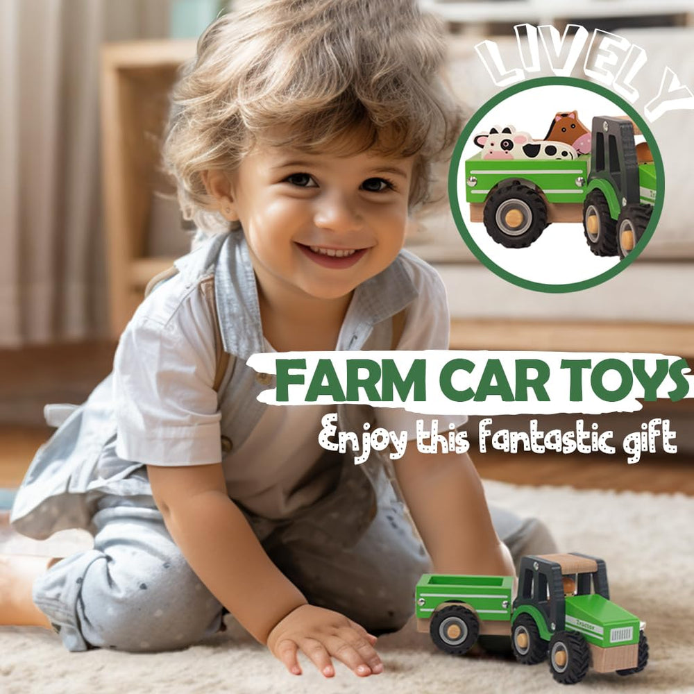 WoodenEdu green farm tractor highlights FSC-certified wood and durable design.