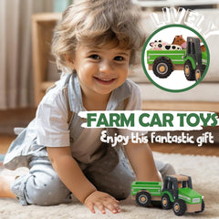 WoodenEdu green farm tractor highlights FSC-certified wood and durable design.
