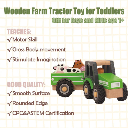 WoodenEdu green farm tractor with cow companion supports pretend farming.