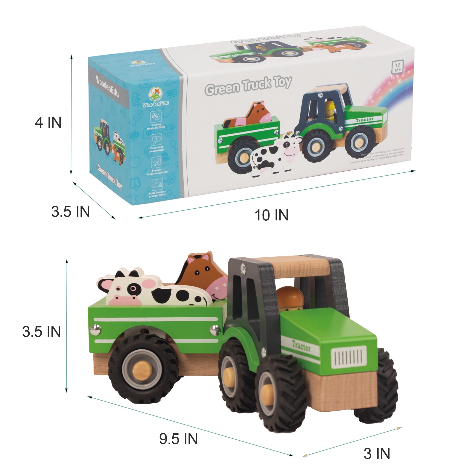 WoodenEdu green farm tractor with horse boosts storytelling during play.