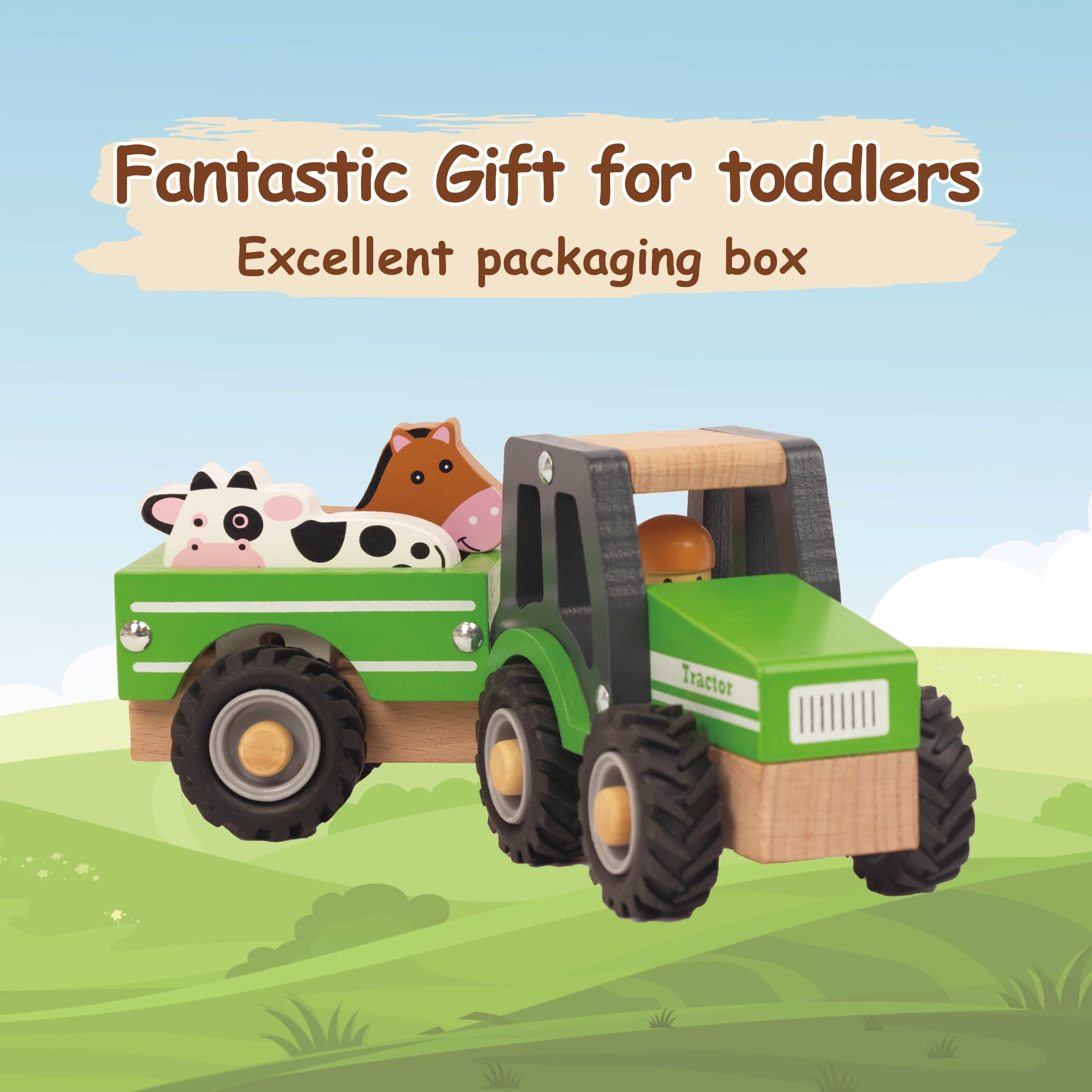 WoodenEdu green wooden push toy tractor promotes precise finger movements.