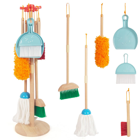 WoodenEdu Kids Cleaning Set broom for pretend play and tidy routines.