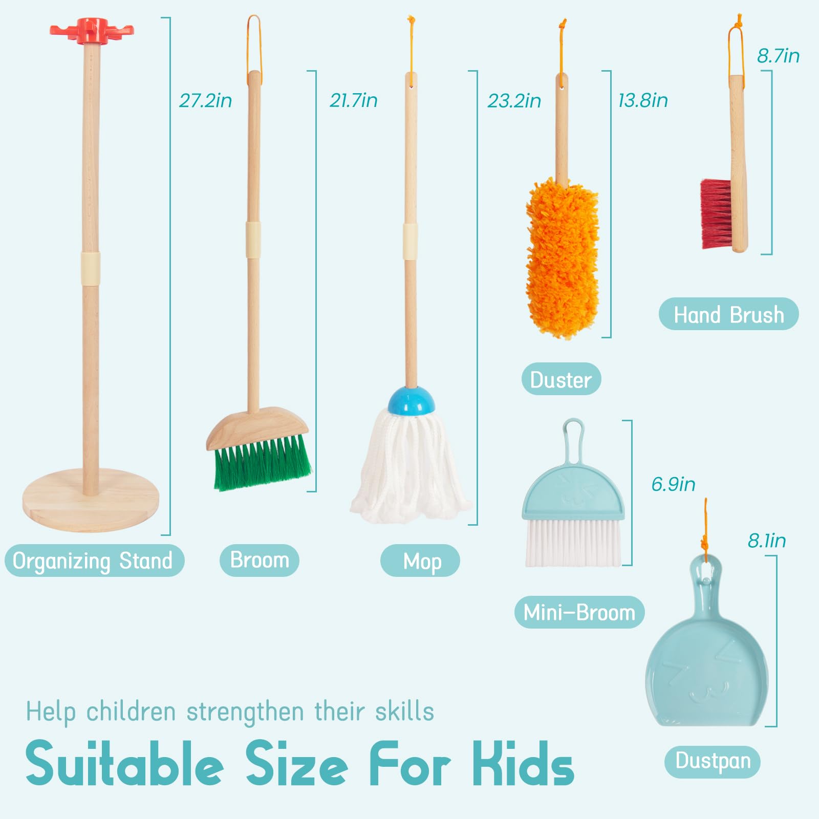 WoodenEdu Kids Cleaning Set mop with longer handle for easy pretend cleaning.