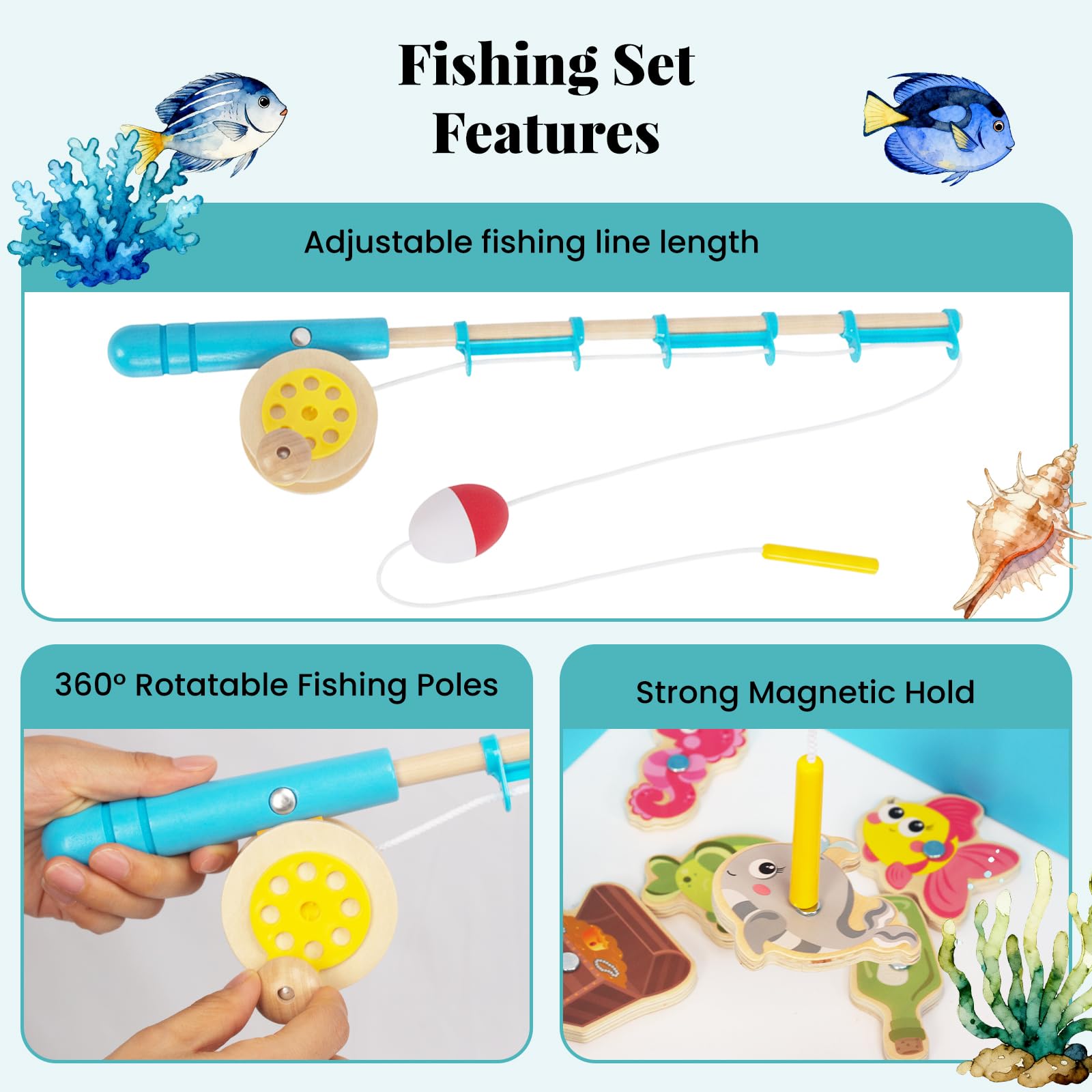 WoodenEdu twelve magnetic fish set for cooperative pretend play.