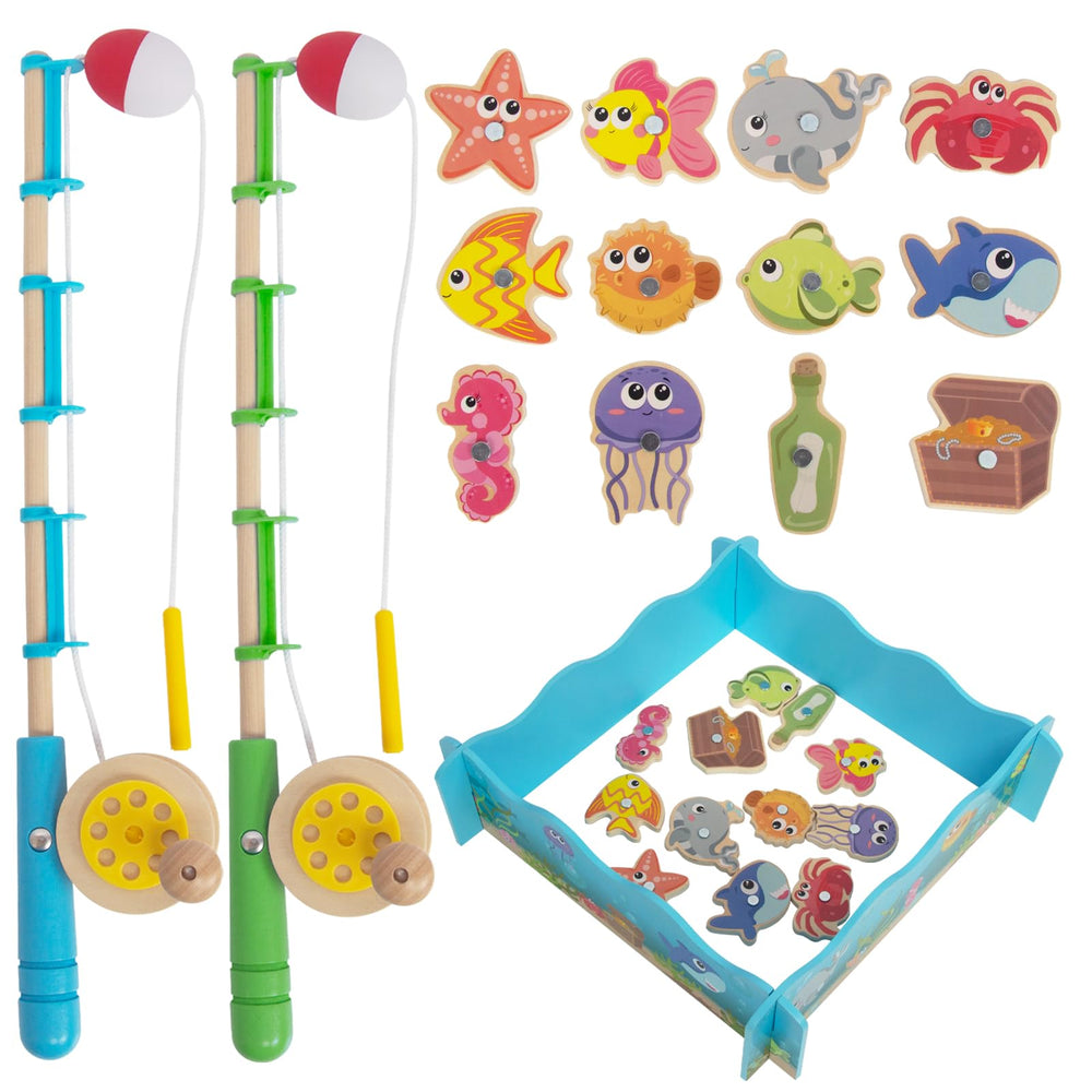 WoodenEdu Montessori Fishing Game with two poles and twelve magnetic fish for early fine motor play.