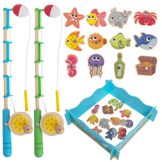 WoodenEdu Montessori Fishing Game with two poles and twelve magnetic fish for early fine motor play.