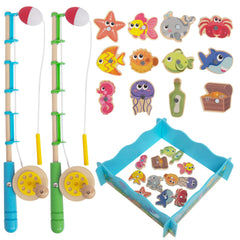 WoodenEdu Montessori Fishing Game with two poles and twelve magnetic fish for early fine motor play.