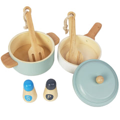 WoodenEdu premium toddler play kitchen pots and pans for imaginative meals.