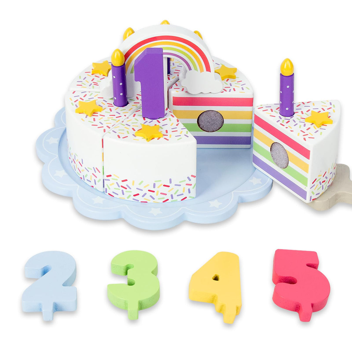 WoodenEdu rainbow cake with candles boosts imaginative play and color recognition.