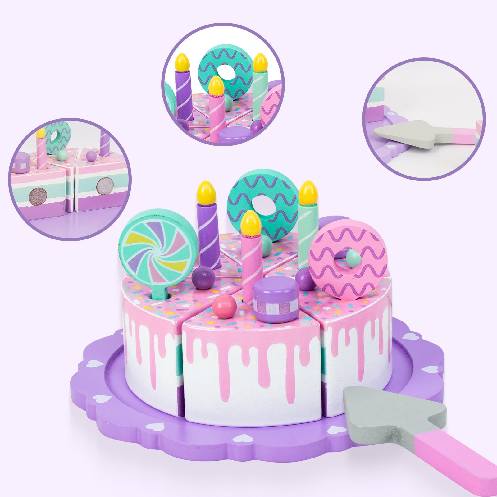 WoodenEdu realistic cutting action cake model for engaging role-play and motor skills