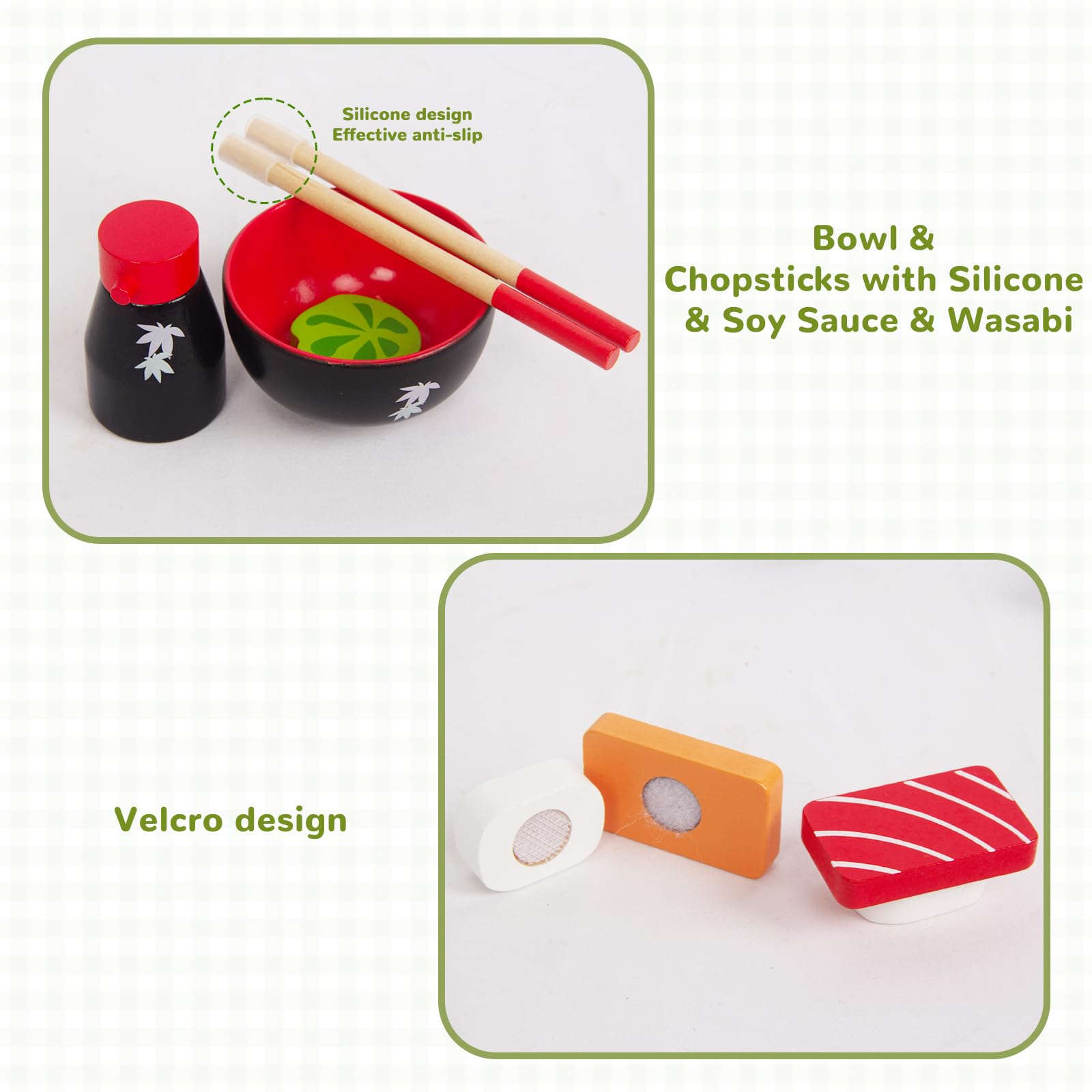 WoodenEdu sushi cutting action shows pieces that click apart during slicing play.
