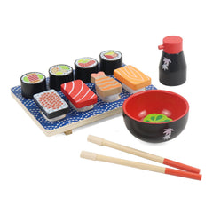 WoodenEdu Sushi slicing set on a tray, ideal for imaginative play and motor skill development.