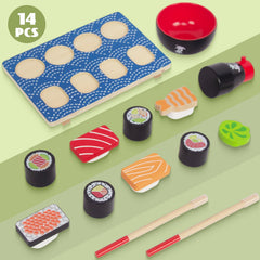 WoodenEdu wooden box storage keeps the pretend kitchen toys neatly organized.