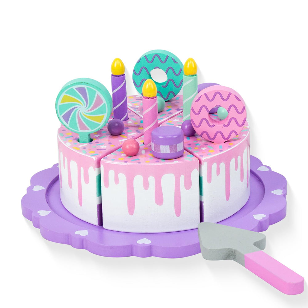 WoodenEdu toddler cake toy with tray and knife for safe pretend kitchen play