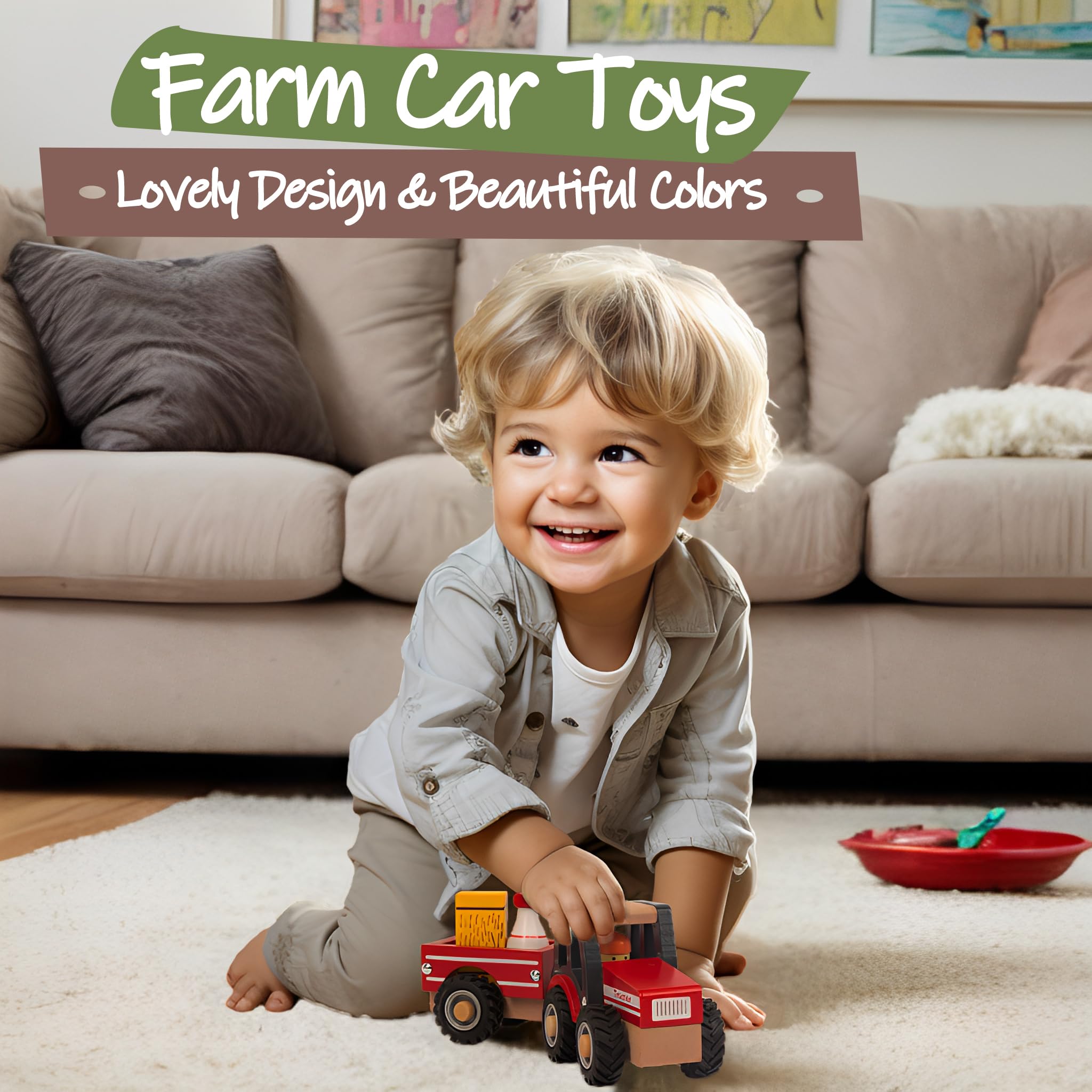 WoodenEdu red tractor toy shows eco-friendly wood and non-toxic paint details