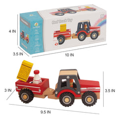 WoodenEdu red tractor toy in push action—ideal for backyard pretend farming and storytelling