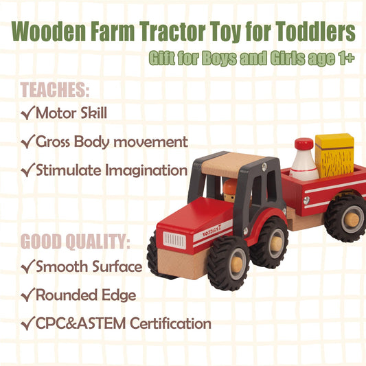 WoodenEdu red tractor toy from side view—supports fine motor skills during push play
