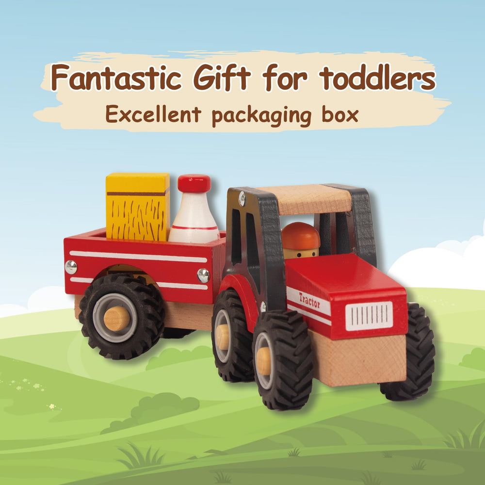 WoodenEdu red tractor toy with straw and milk bucket—enhances role-play scenarios