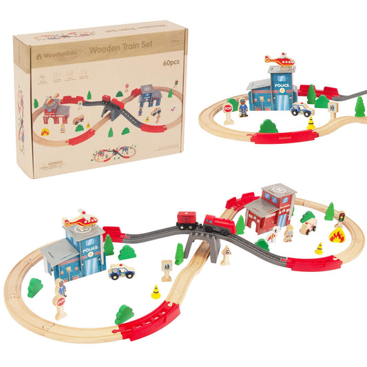 WoodenEdu train set 60-pcs tracks for creative layouts and safe play.