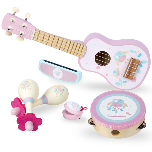 WoodenEdu ukulele 17-inch pink, ideal beginner instrument for toddlers' music exploration.