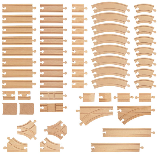 WoodenEdu 58-piece wooden train tracks set for durable, family-friendly play