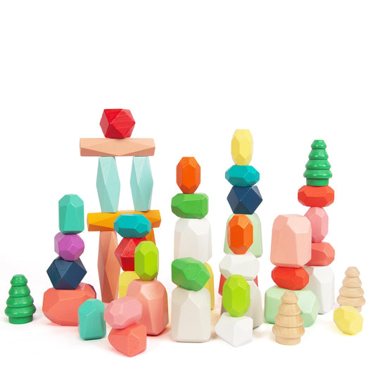 WOODENFUN 48-piece stacking stones in vibrant colors for sensory play and color recognition.