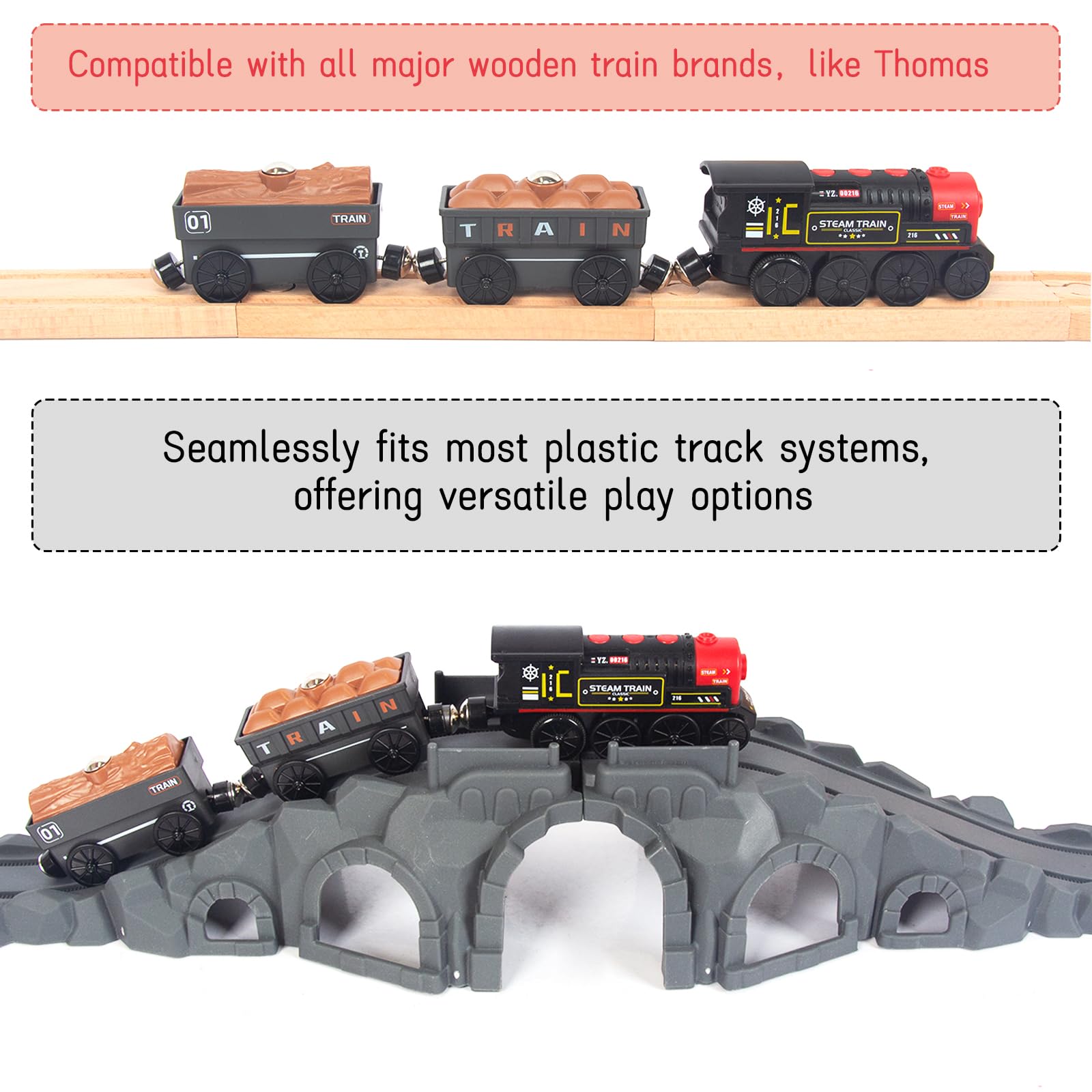 WoodenFun battery-powered locomotive designed for ages 3 and up with safe construction.