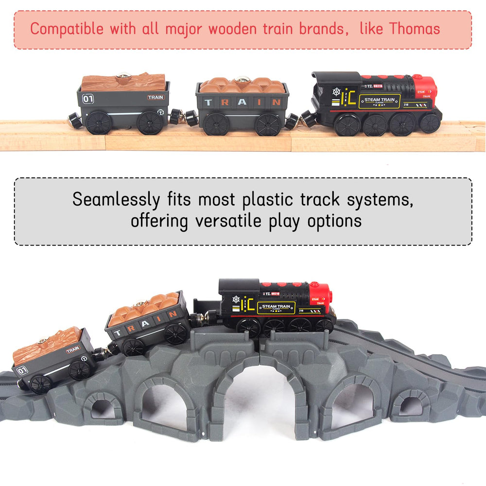 WoodenFun battery-powered locomotive designed for ages 3 and up with safe construction.