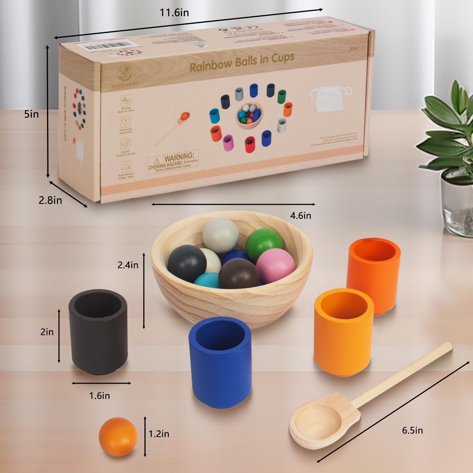 WOODENFUN color-sorting toy with wooden cups encourages classification and fine motor skills
