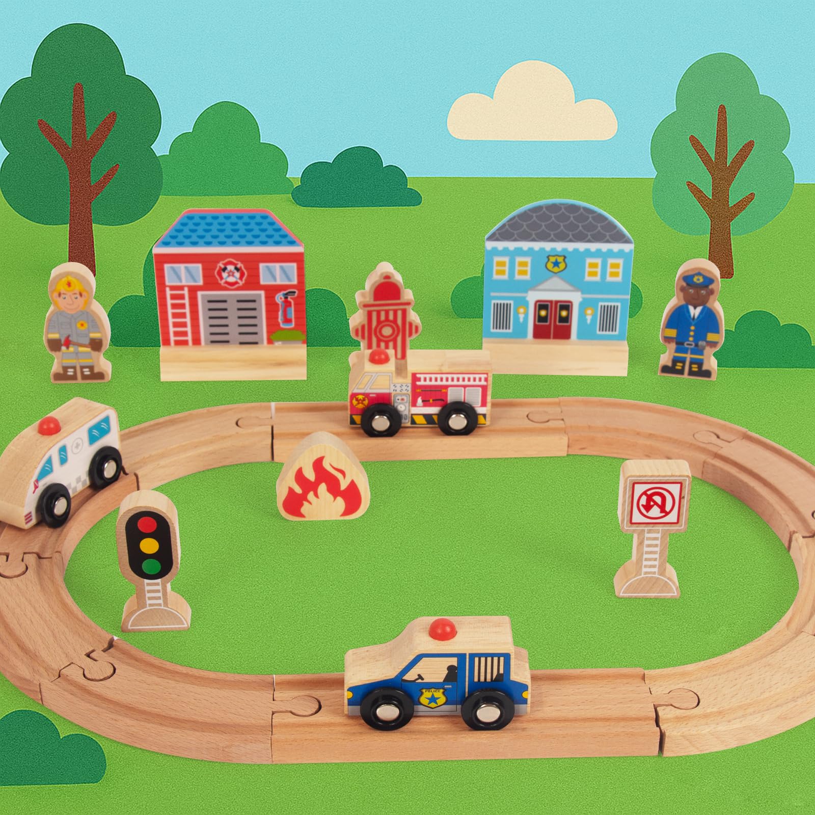 WOODENFUN expandable track configurations encourage open-ended building and problem-solving fun.