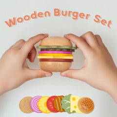 WOODENFUN hamburger set with realistic pieces promotes storytelling and fine-motor skills