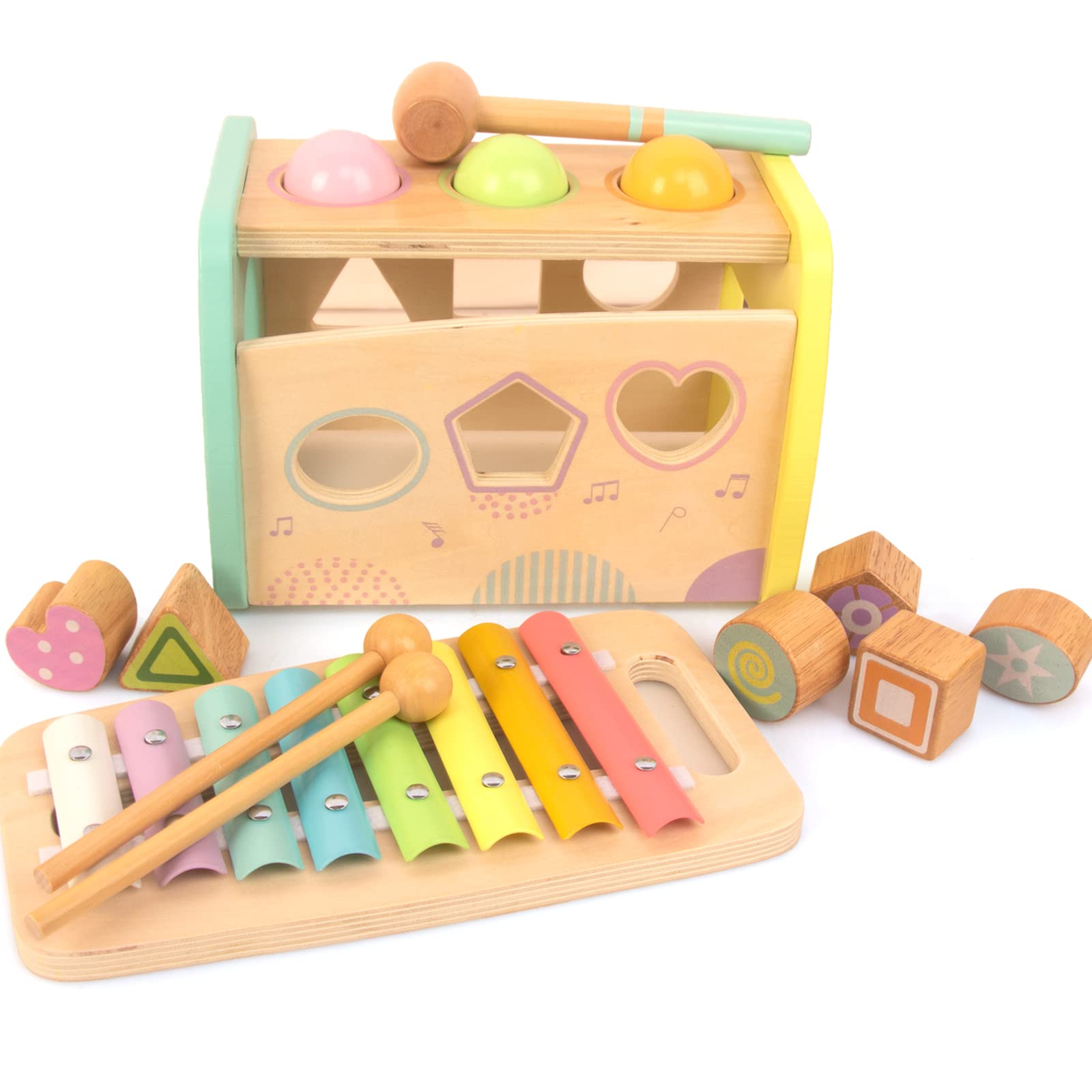 WOODENFUN hammering toy on table top supports fine motor skills and exploration