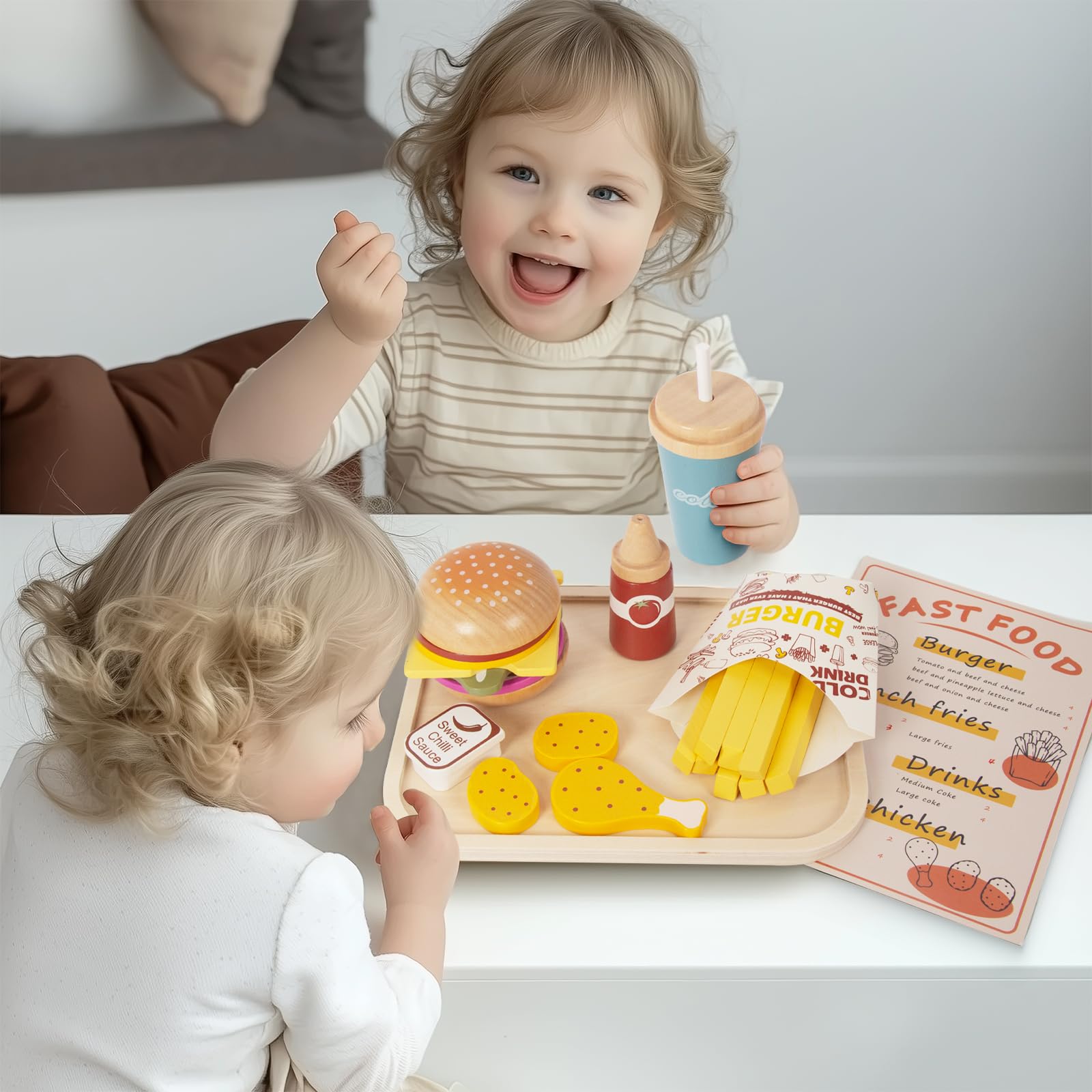 WOODENFUN kids using a wooden play kitchen for imaginative cooking