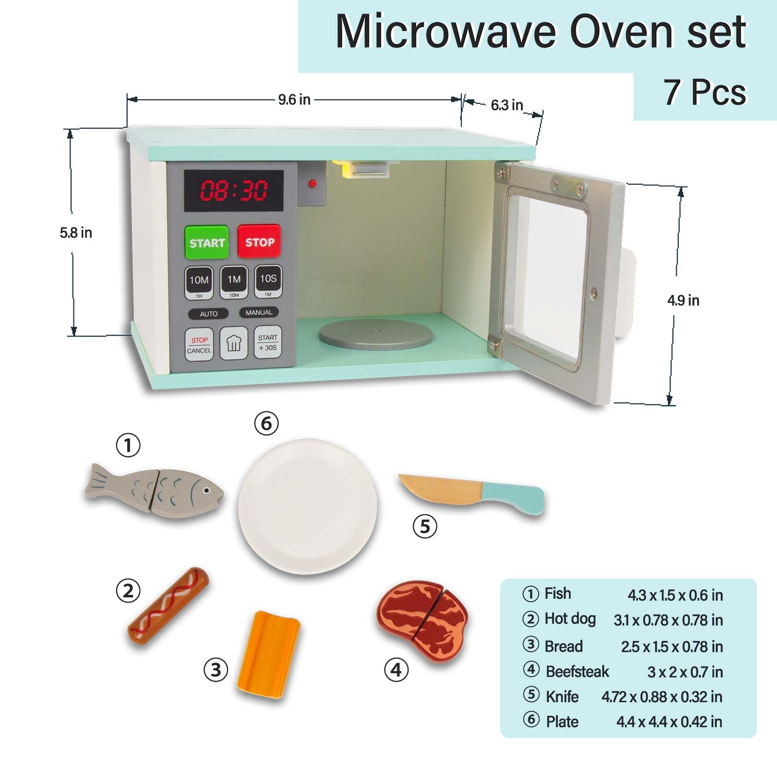 WOODENFUN microwave light and sound feature enhances realistic pretend play.