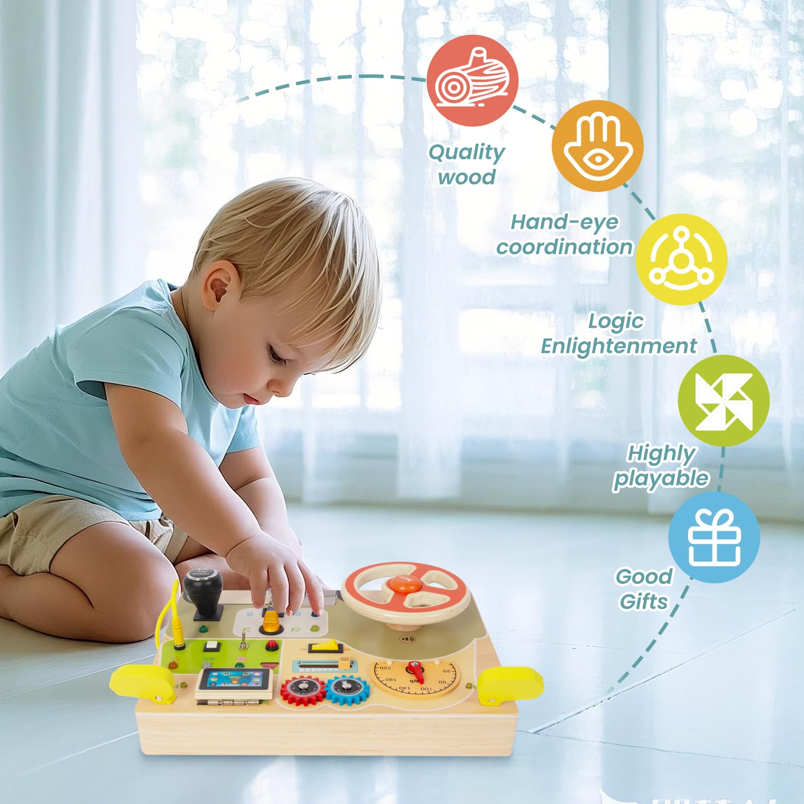 Woodenfun Montessori Busy Board alphabet board back adds literacy-friendly learning on the go.