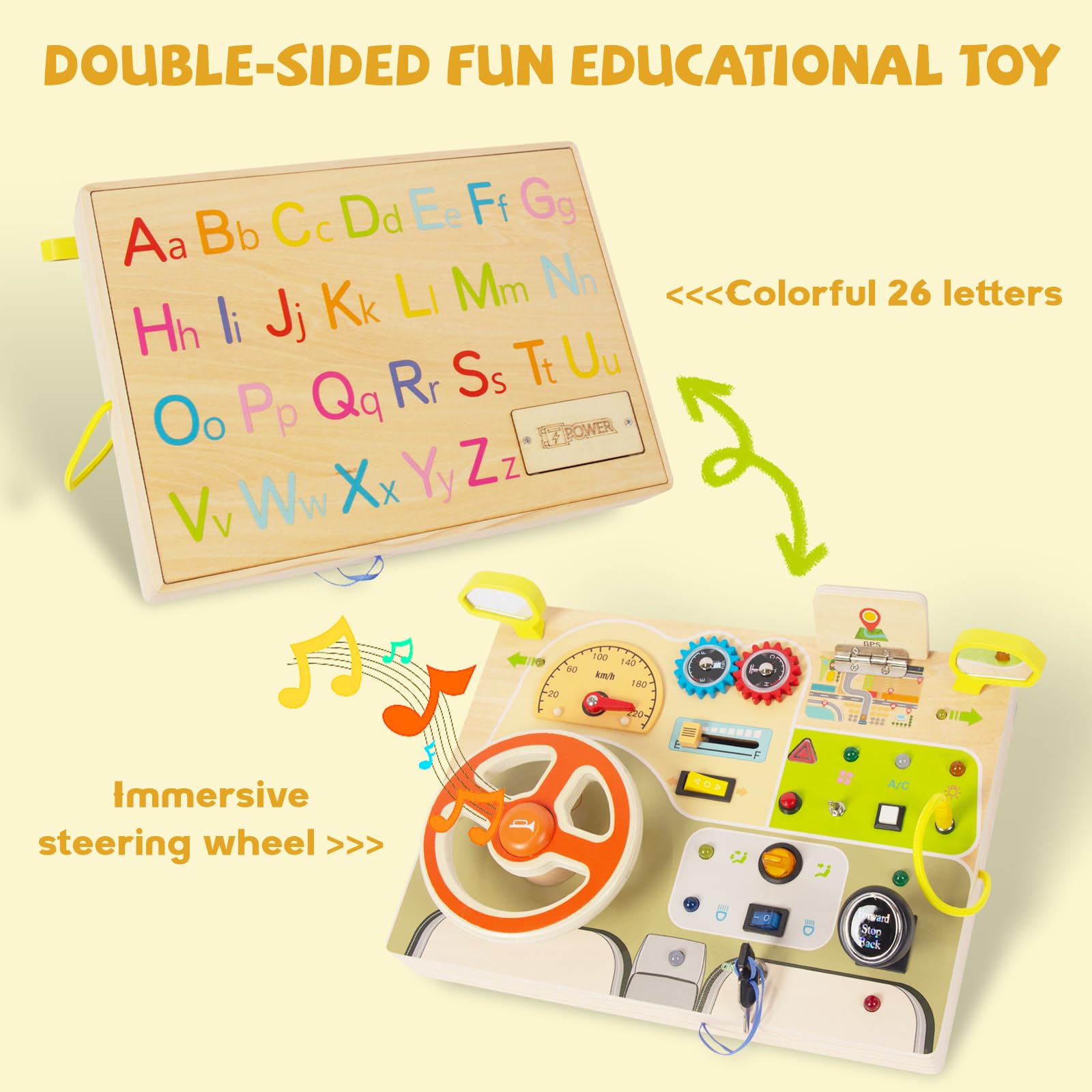 Woodenfun Montessori Busy Board gear shifter supports hand-eye coordination through interactive shifting.