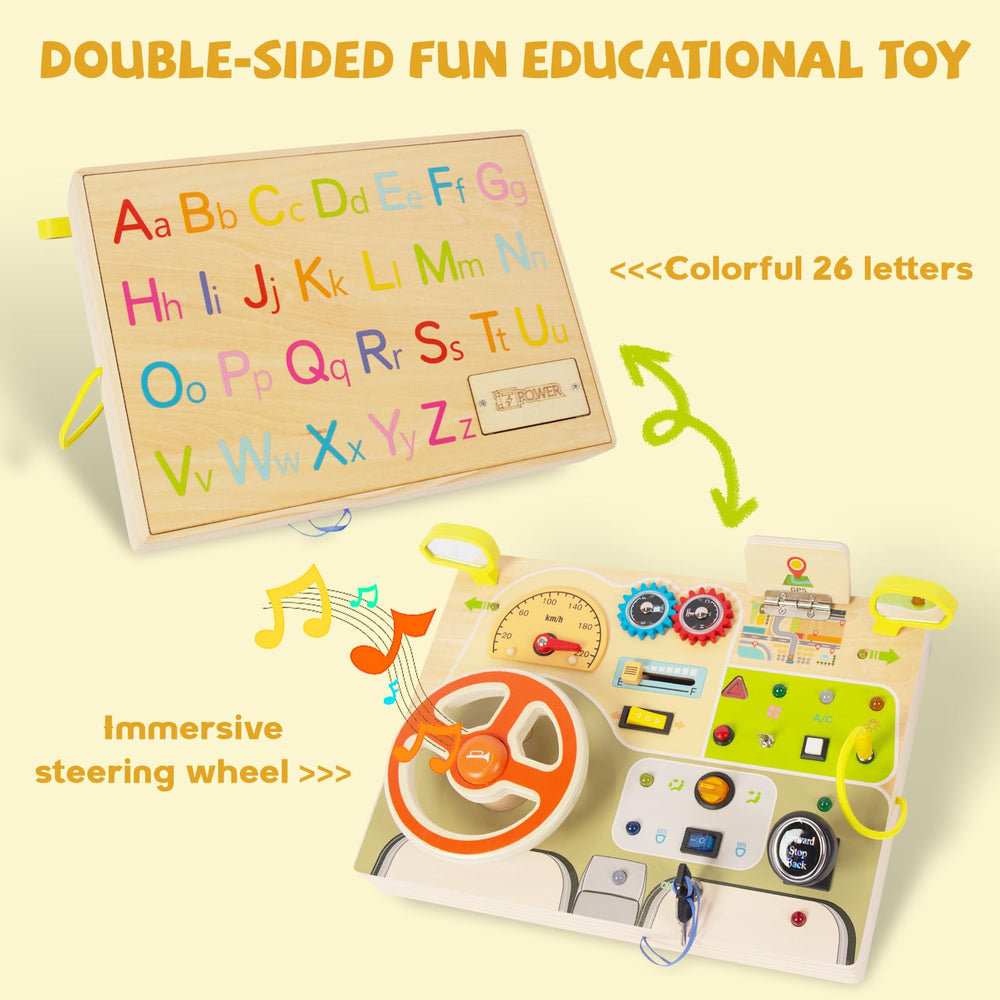Woodenfun Montessori Busy Board gear shifter supports hand-eye coordination through interactive shifting.