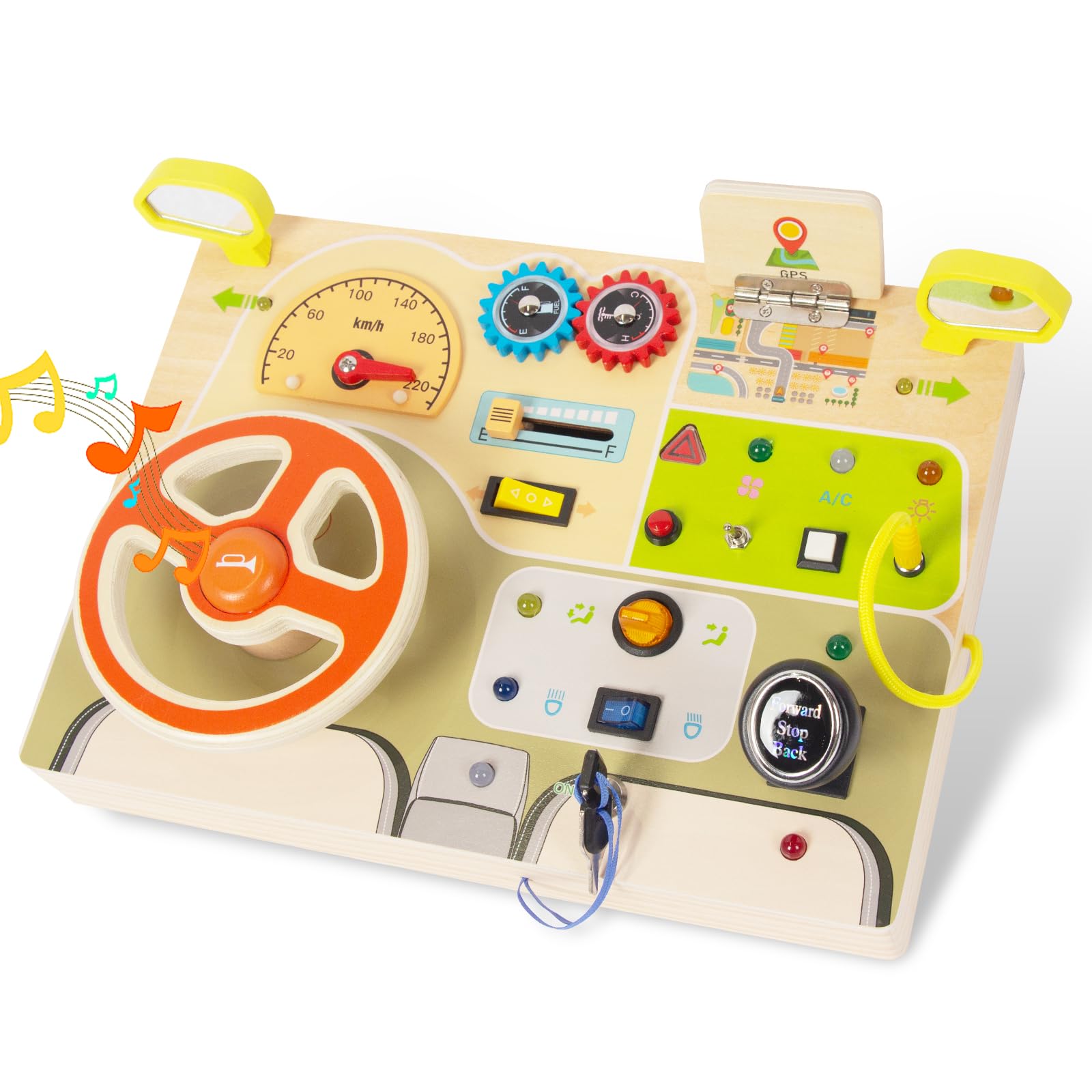 Woodenfun Montessori Busy Board steering wheel engages toddler fine motor skills during pretend driving.